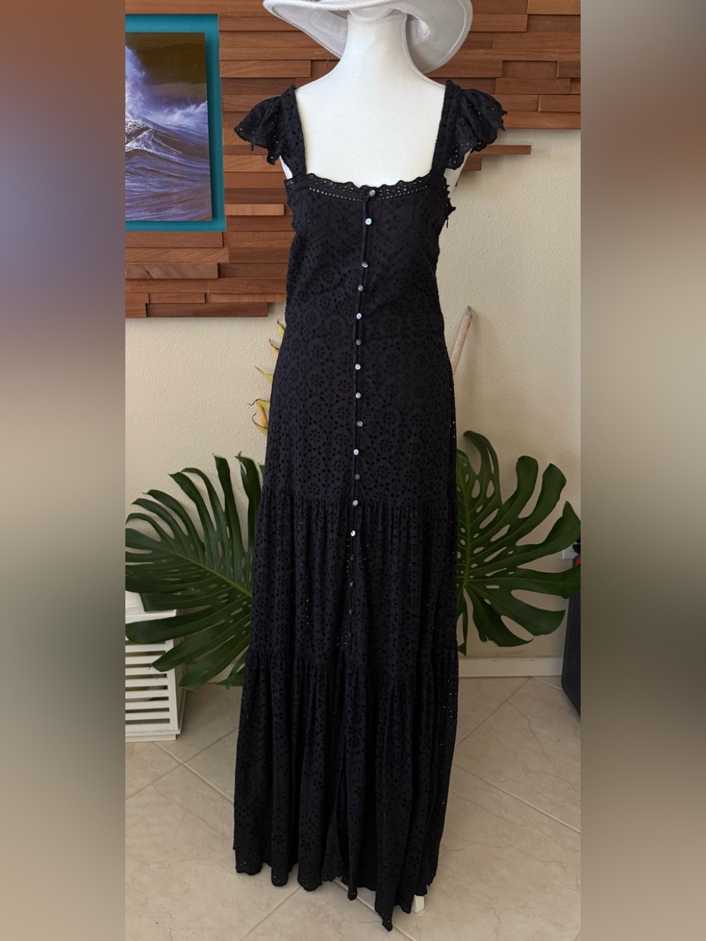 Veronica Beard Black Eyelet Button-Front Tiered Maxi Dress.
